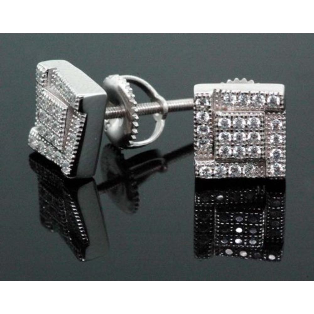 IcedTime .925 Sterling Silver White Square White Crystal Micro Pave Unisex Mens Stud Earrings