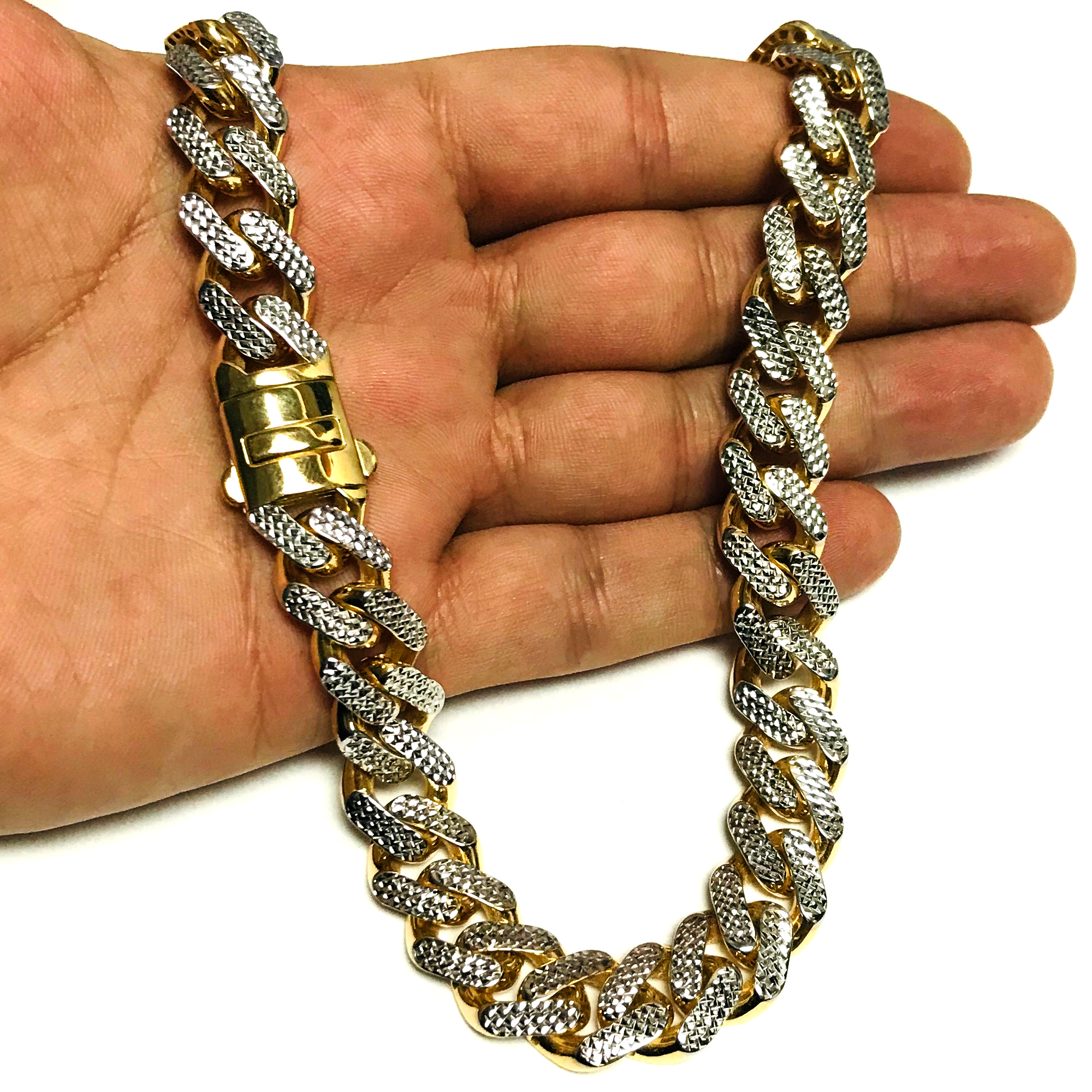 Jewelry Affairs 14k Yellow And White Gold Miami Cuban Pave Link Chain Semi Solid Necklace, Width 13.5mm, 24"