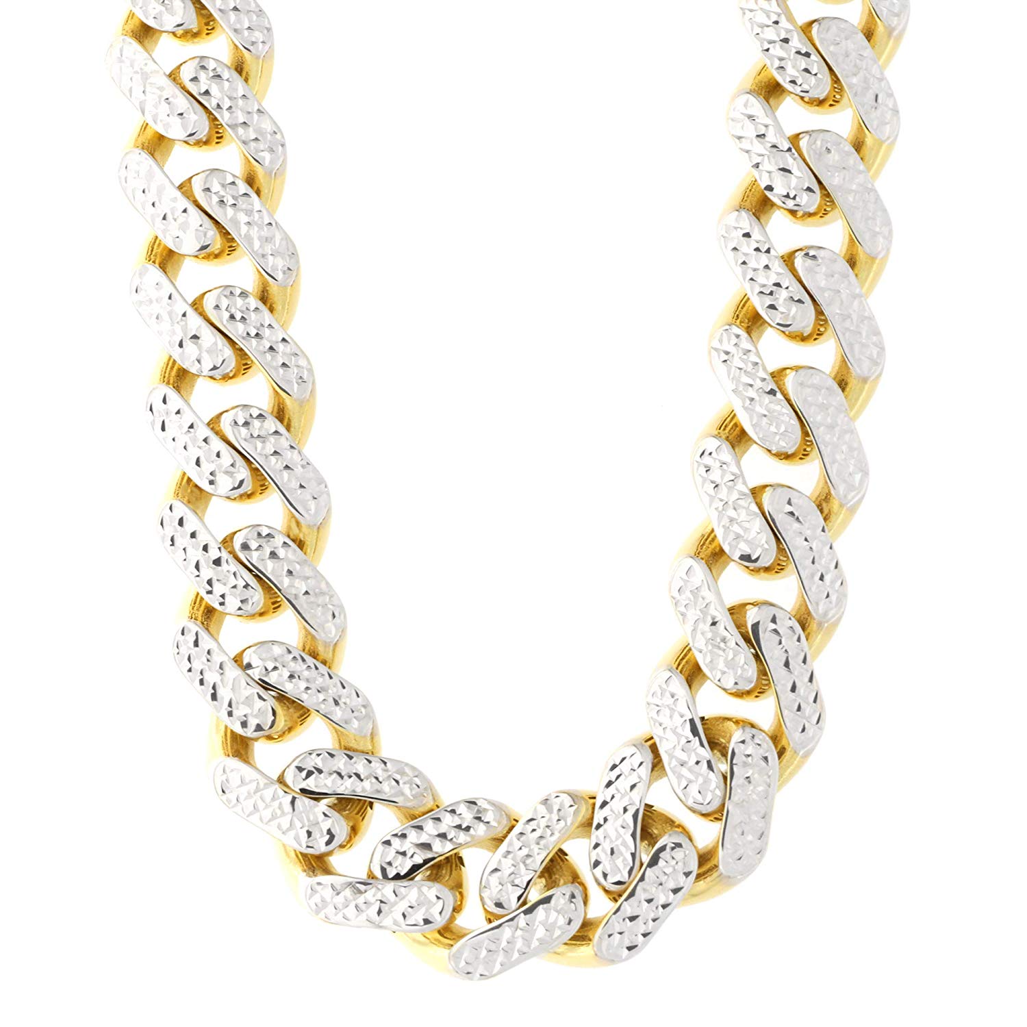 Jewelry Affairs 14k Yellow And White Hollow Gold Miami Cuban Pave Link Chain Necklace, Width 11.3mm, 24"
