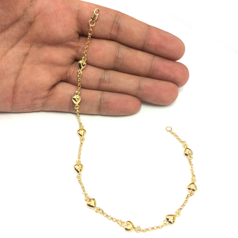 Jewelry Affairs 14K Yellow Gold Puffed Hearts Anklet, 10"