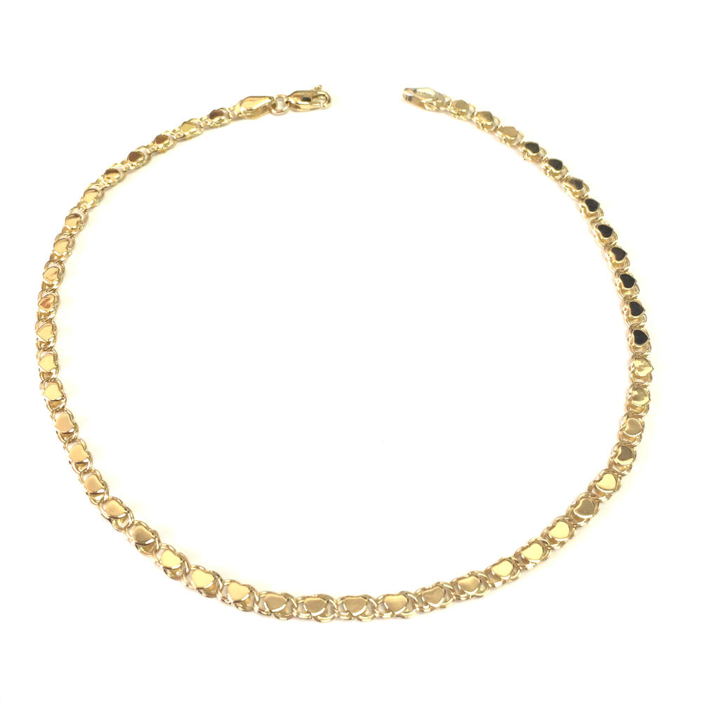 Jewelry Affairs 14K Yellow Gold Diamond Cut Hearts Chain Anklet, 10"