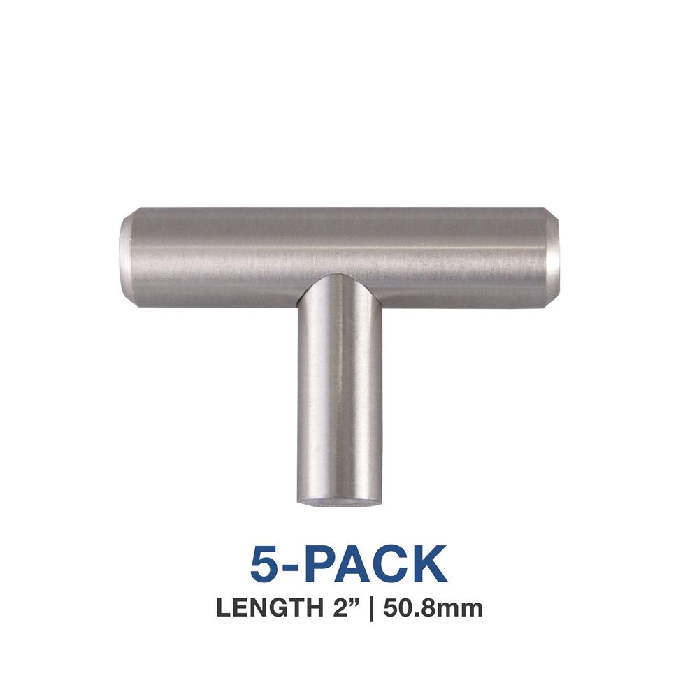 Howplumb 5 - Pack Kitchen Cabinet Euro Bar Pull T-Syle Knob 2", Stainless Steel Finish 